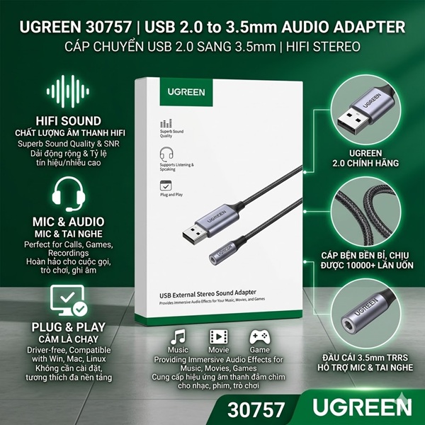 USB 2.0 Type-A Sang 3.5mm Hỗ Trợ Mic Dây Dù UGREEN 30757 Dài 25cm